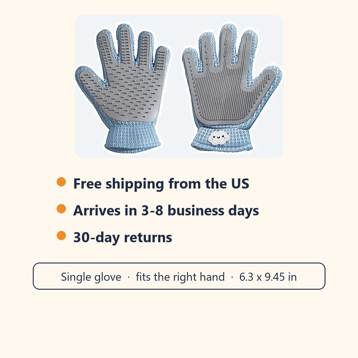 Front and back of the grooming glove with free US shipping, 3-8 business days and 30-day returns