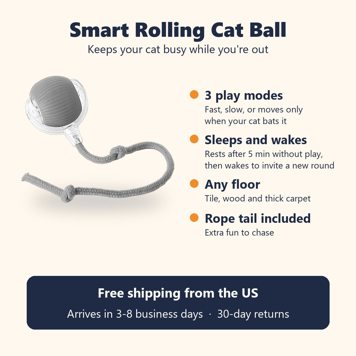 Smart rolling cat ball features: 3 play modes, auto sleep and wake, works on any floor, rope tail included, free US shipping