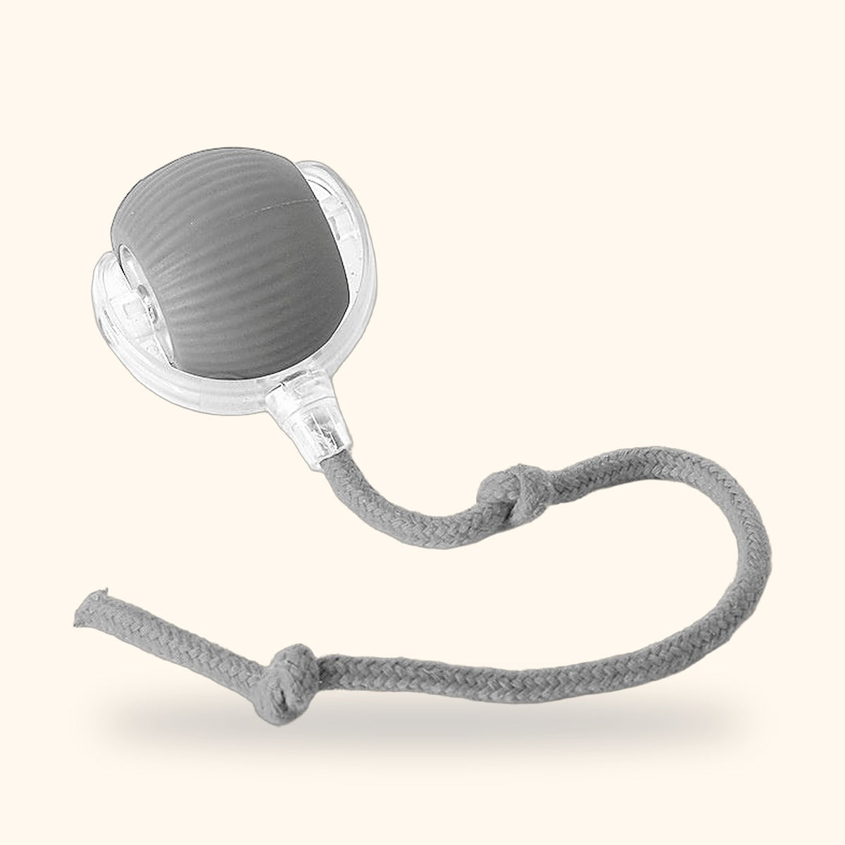 Smart rolling cat ball in gray with its rope tail, clean product shot