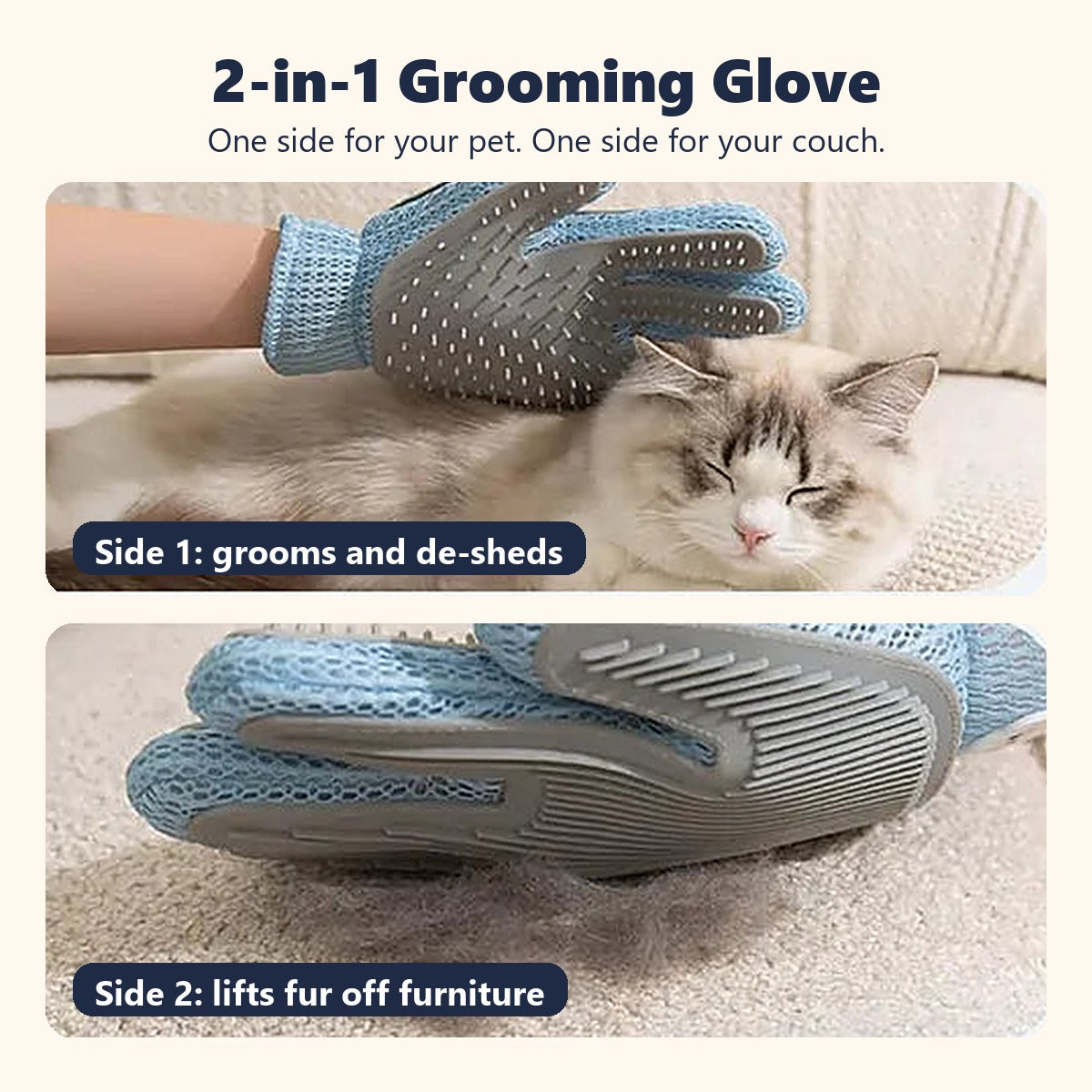 2-in-1 grooming glove: one side de-sheds a cat, the other lifts fur off furniture