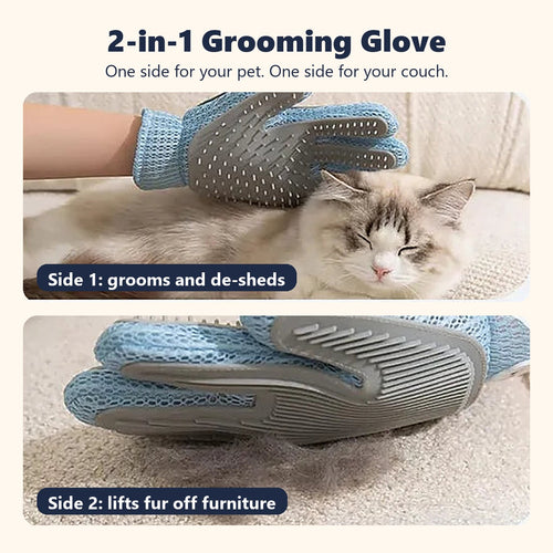 2-in-1 grooming glove: one side de-sheds a cat, the other lifts fur off furniture